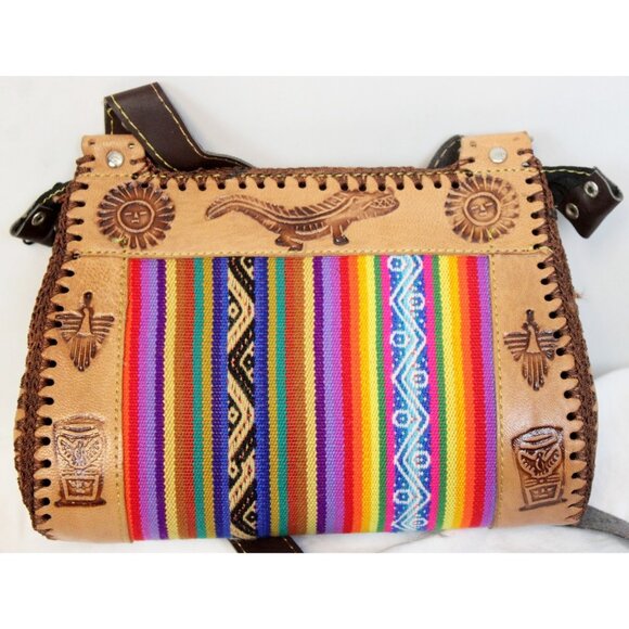 Peruvian Leather Tooled Bag Small Purse Woven Textile Women Shoulder Tear Drop - Picture 5 of 10